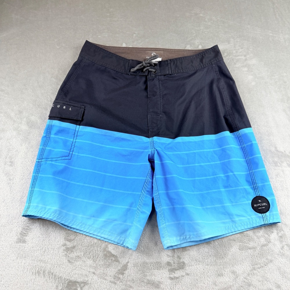 Rip Curl Board Shorts Men's 32 Blue Black Striped Swim Trunks Surf Beachwear